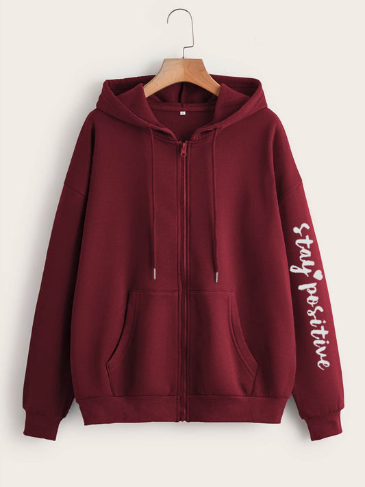 Zip-Up Hoodie Maroon stay positive sleeves