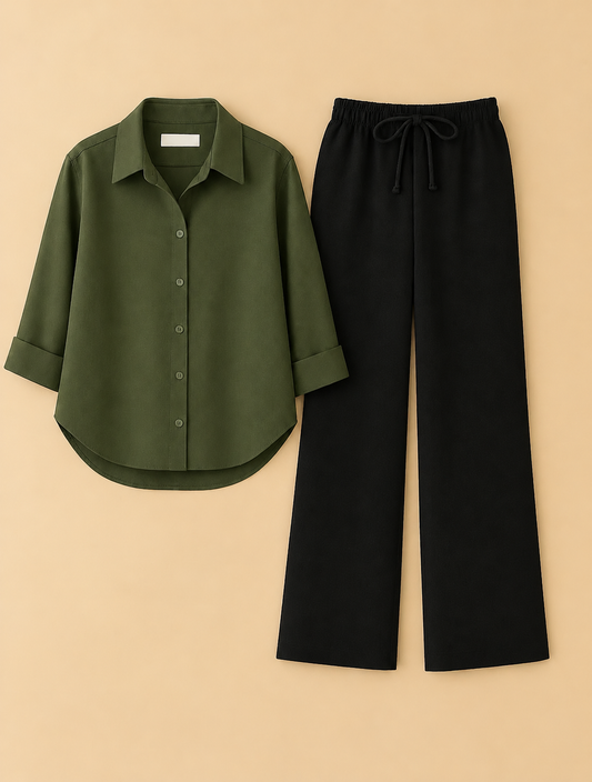 Olive green button down Black Flapper Cordset