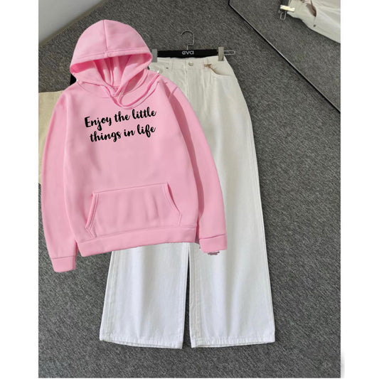 Enjoy the little thing Pink hoodie White wide leg jeans