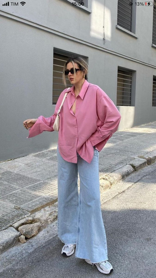 Pink Button down with Sky wide leg jeans