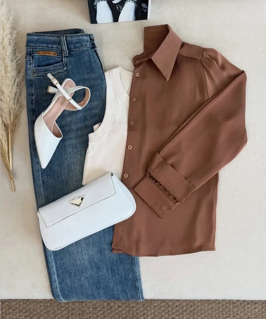 Brown Button down with Mid blue wide leg jeans