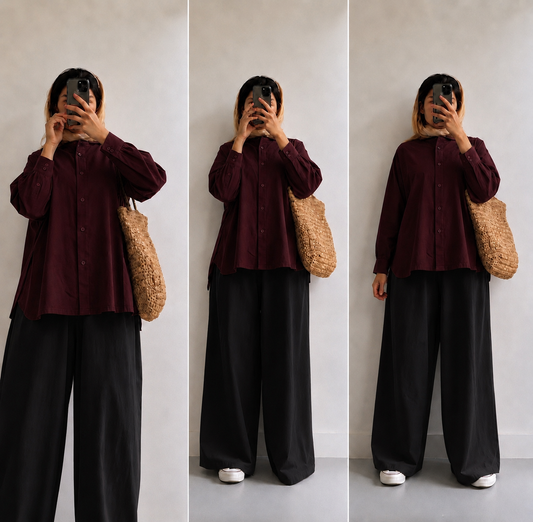 Maroon button down with Black Flapper Cordset