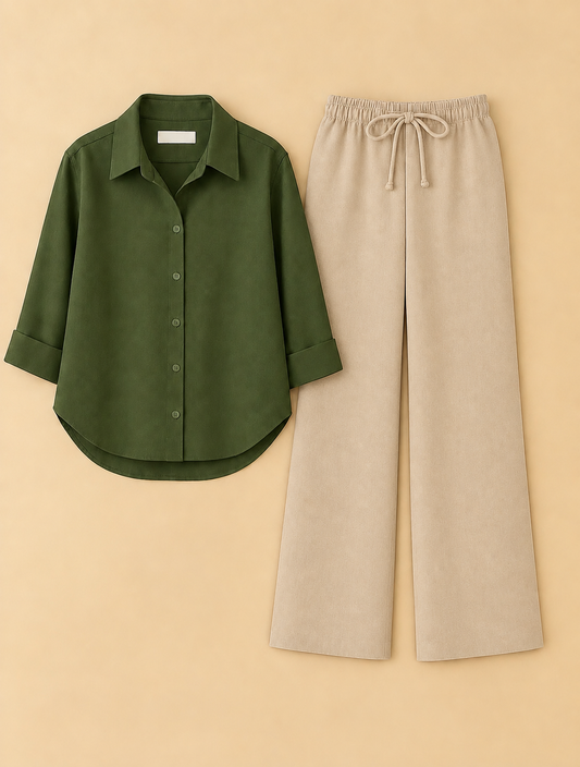 Olive green button down Beige Flapper Cordset