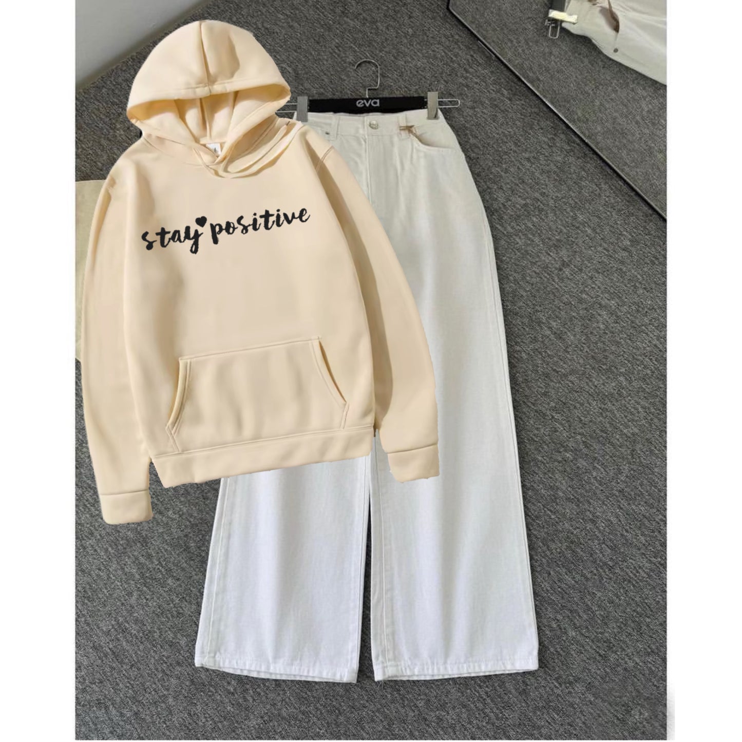 Stay positive skin hoodie white wide leg jeans