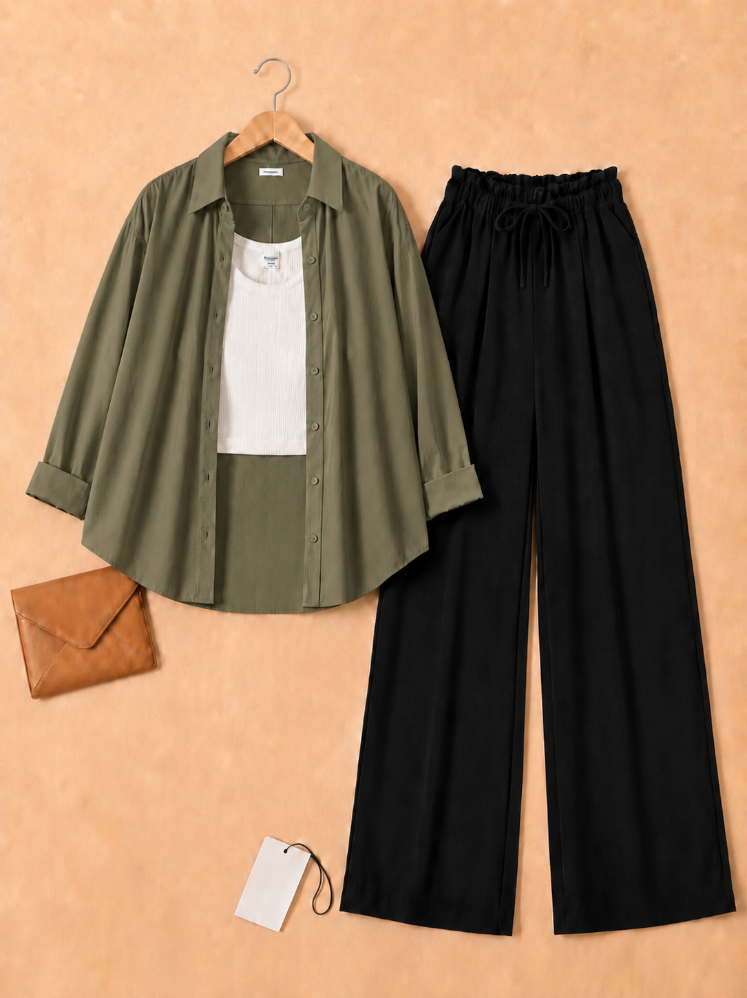 Olive button down with inner + Black flapper Trouser