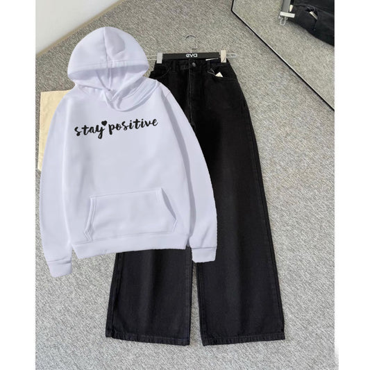 Stay positive white hoodie black wide leg jeans