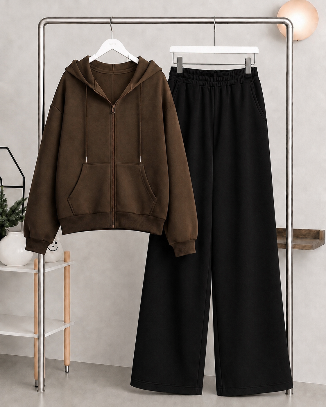 Brown Zipper Hoodie with   Black Flapper Trouser Tracksuit