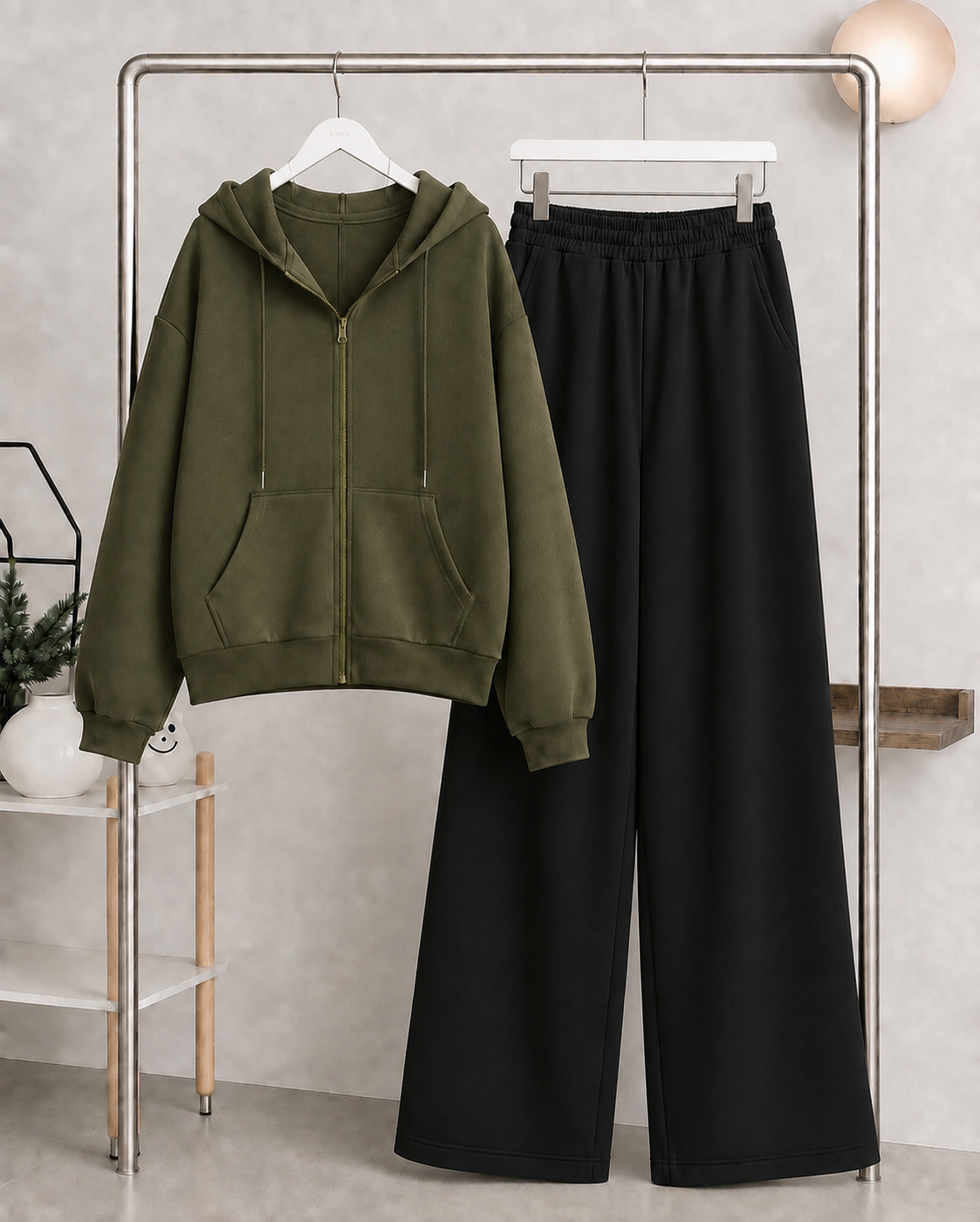 Olive Green Zipper Hoodie with   Black Flapper Trouser Tracksuit
