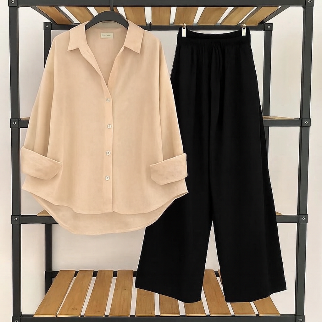 Skin button down with Black Flapper Trouser