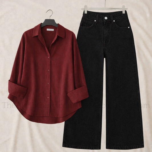 Pack of 2 Maroon Button down With Black Wide leg Jeans