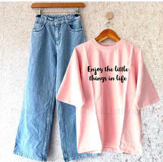 Sky wide leg jeans + Pink  tshirt Enjoy the little thing