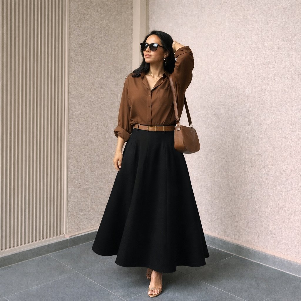 Pack of 2 Brown Button down Shirt  +Black  Skirt