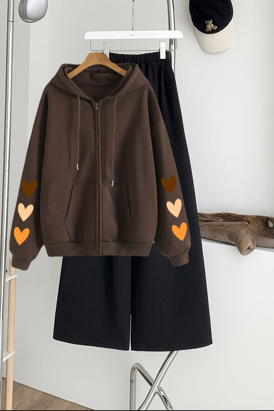 Heart Sleeves Zipper Hoodie with Black  Flapper Trouser Tracksuit – Brown