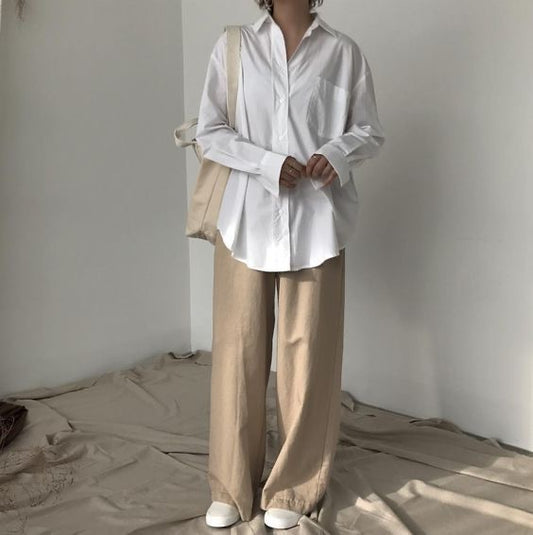 White button down with beige wide leg jeans pack of 2