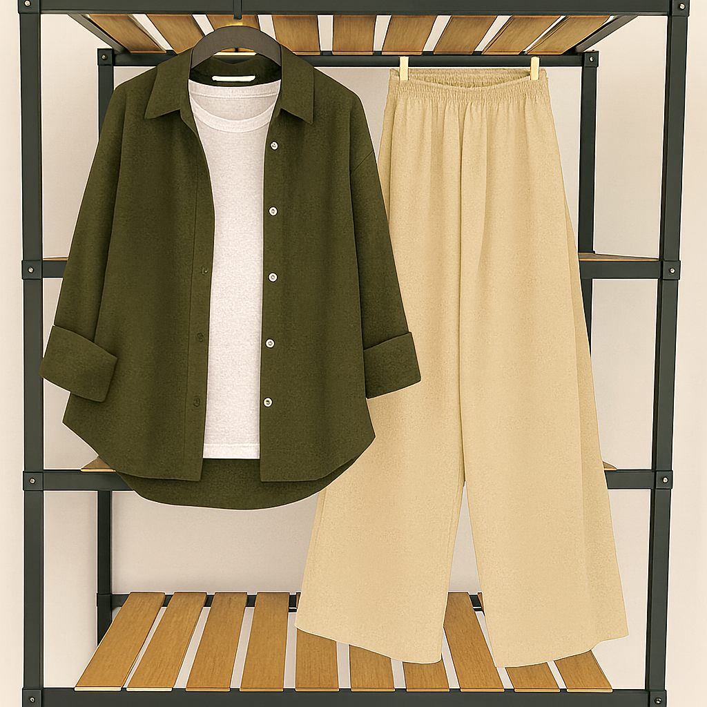 Olive button down with inner + skin flapper Trouser