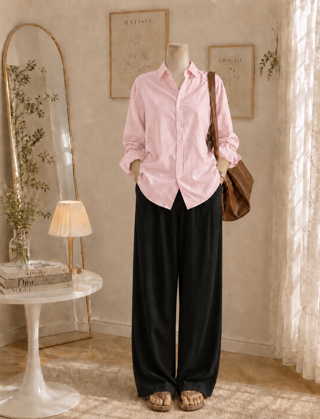 Pink button down with Black Flapper Trouser