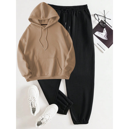 Beige Hoodie Black Trouser Tracksuit