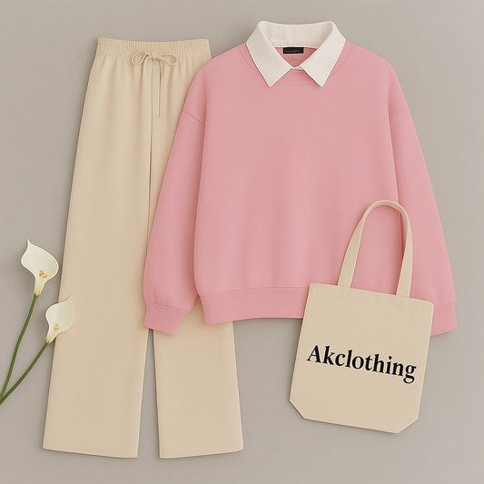 Pink Collar Sweatshirt with Beige Flapper Trouser