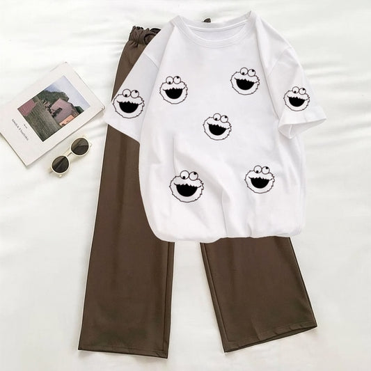 Smiley White Tshirt With Brown Flapper Tracksuit