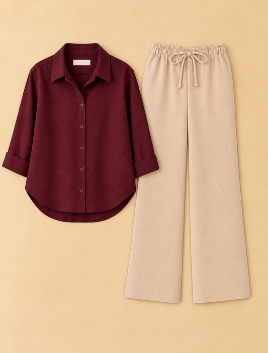 Maroon button down Beige Flapper Cordset