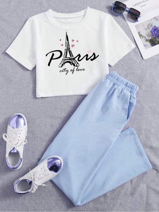 Paris white crop top sky summer flapper tracksuit