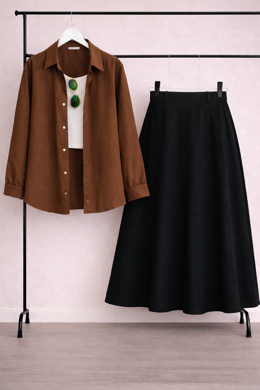 Pack of 3 Brown Button down + Tanktop  With Black Skirt