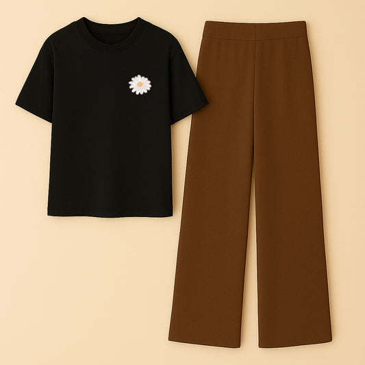 Sun flower p Black tshirt Brown Flapper Summer Tracksuit