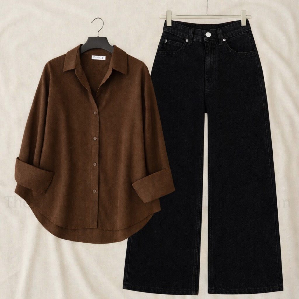 Pack of 2 Brown Button down With Black wide leg jeans