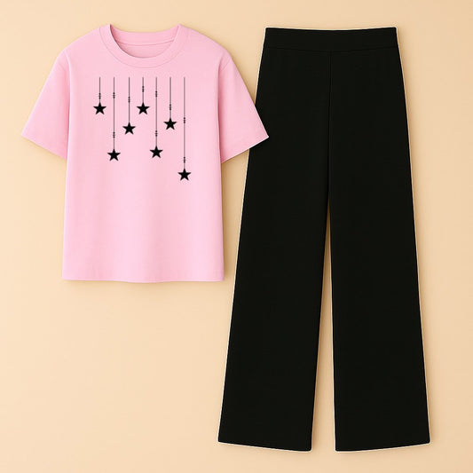 Stars pink tshirt Black Flapper Summer Tracksuit