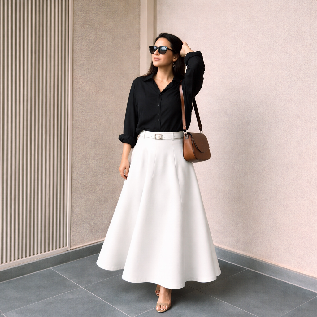 Pack of 2 black Button down Shirt  + White Skirt