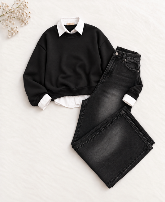 3-Piece Black Sweatshirt, Button Down Shirt & Black Vintage wide leg jeans