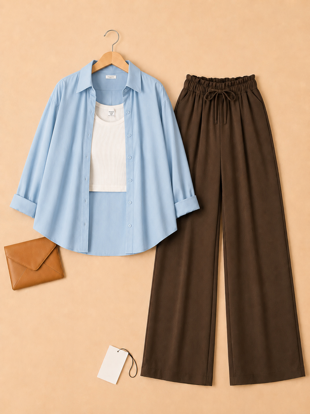 Sky blue button down with inner + Brown flapper Trouser