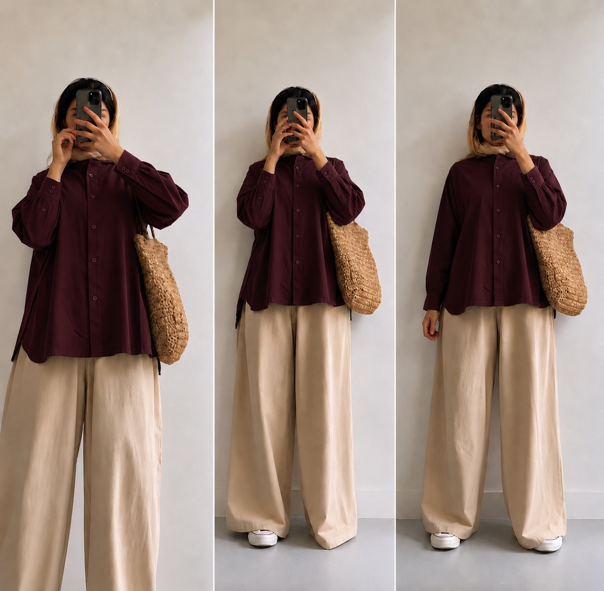 Maroon button down with Beige Flapper Cordset