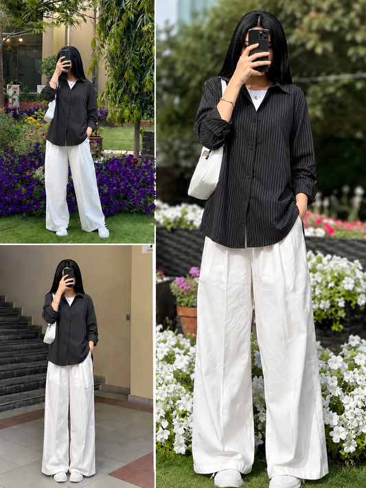 Black Pinstripe Button Down With White Flapper Trouser