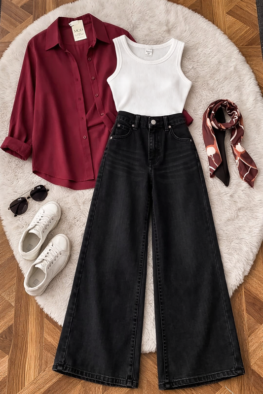 Pack of 3 Maroon Button down + Tanktop  With Black Wide leg Jeans
