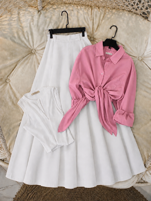 Pack of 3 of Pink Button down with tank top + white Skirt