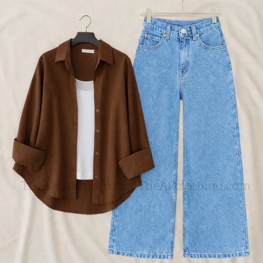 Pack of 3 Brown Button down + Inner With Sky Wide leg Jeans