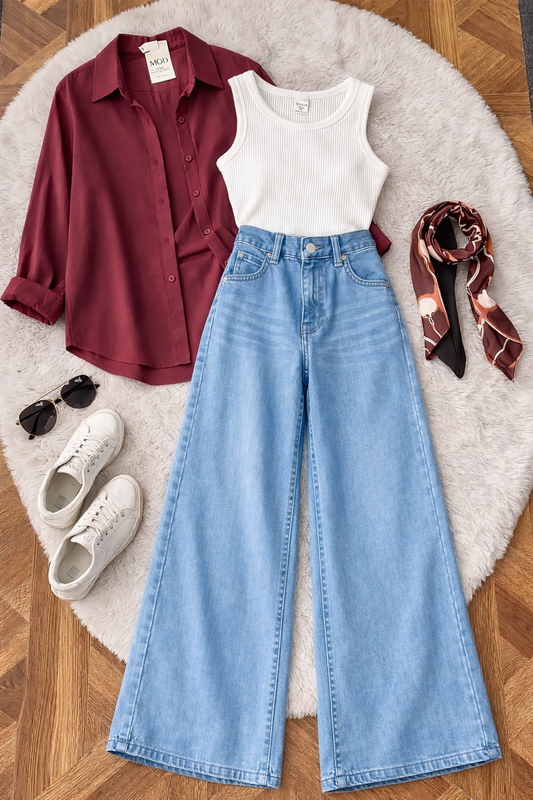 Pack of 3 Maroon Button down + Tanktop  With Sky  Wide leg Jeans