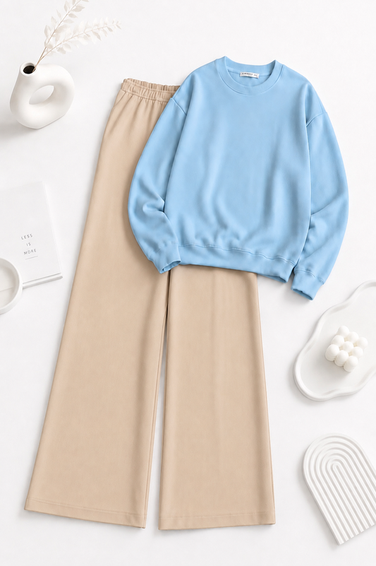 Sky blue Sweatshirt with  Beige Flapper Trouser Tracksuit