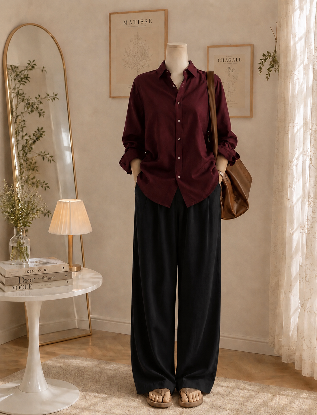 Maroon button down with Black Flapper Trouser