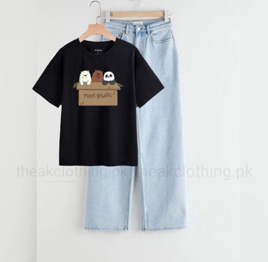 Sky wide leg jeans + Black  tshirt free bear