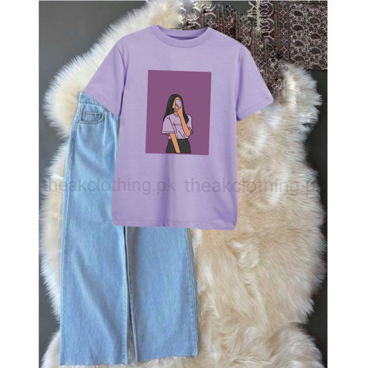 Sky wide leg jeans + Lilac tshirt Selfie girl