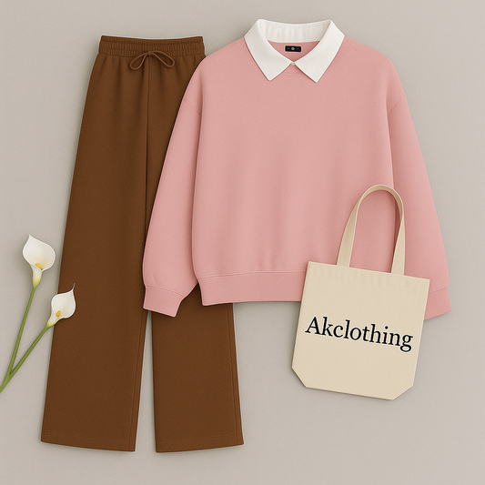 Pink Collar Sweatshirt with Brown Flapper Trouser