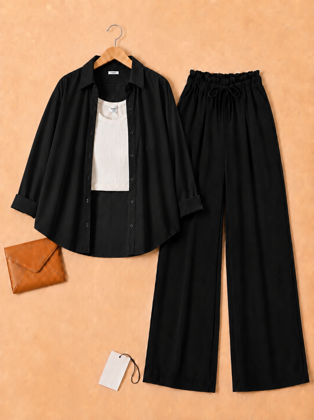 Black button down with inner + Black flapper Trouser