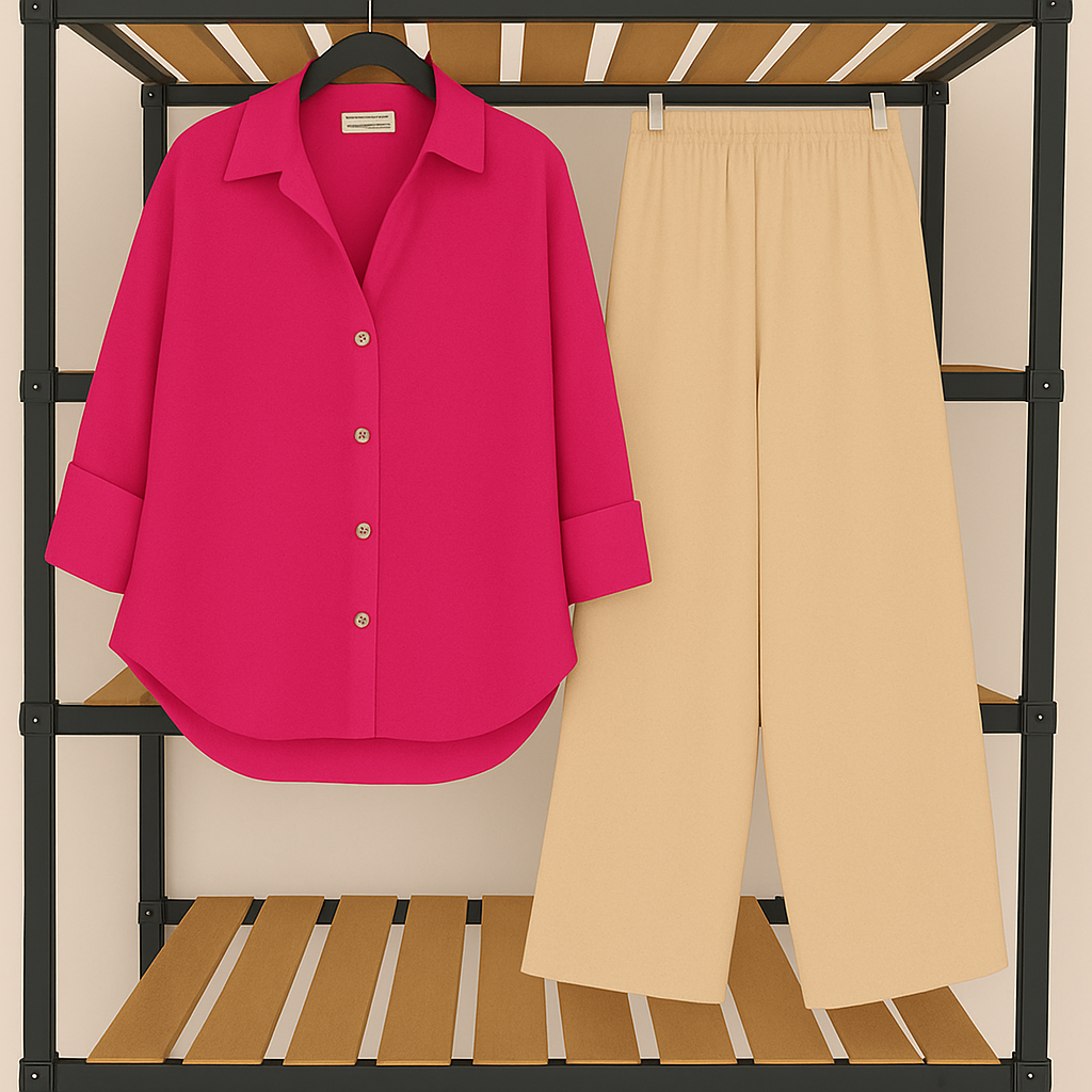 Shocking Pink button down shirt with Skin flapper Trouser