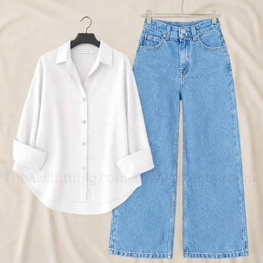 Pack of 2 White Button down With sky  wide leg jeans