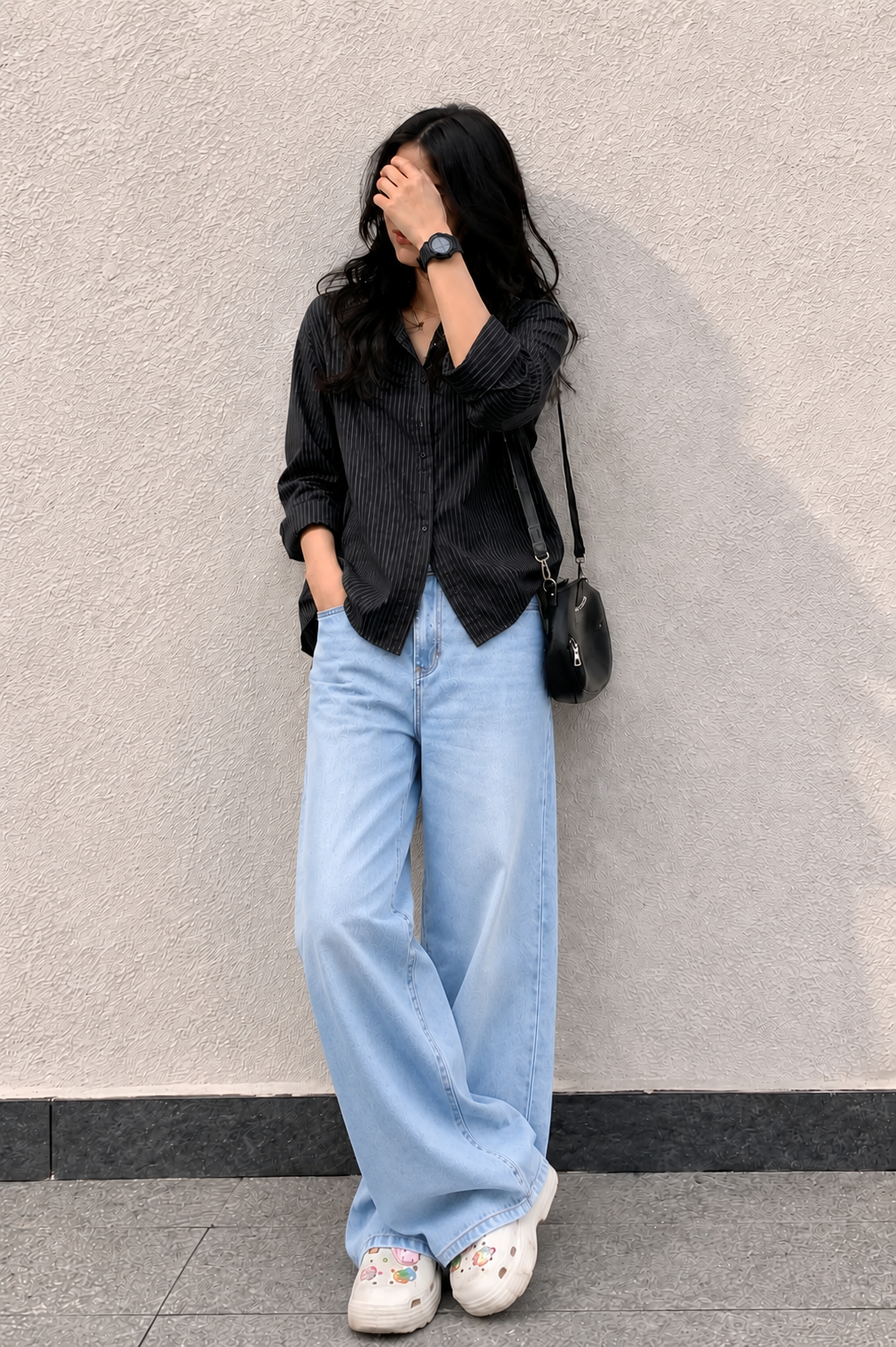 Black Pinstripe Button Down With Sky Wide Leg Jeans