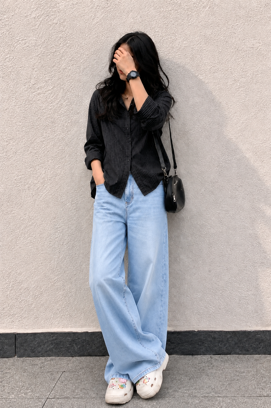 Black Pinstripe Button Down With Sky Wide Leg Jeans