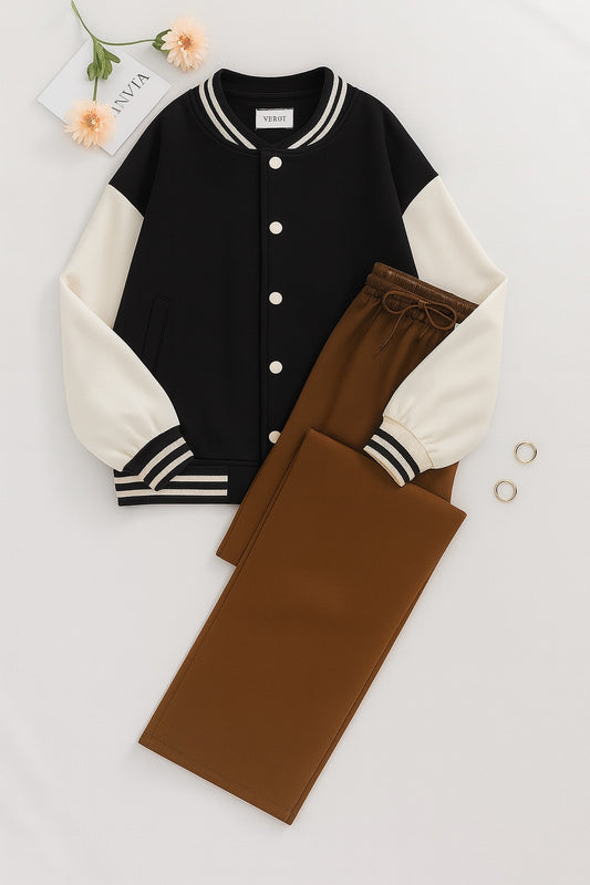 Black Varsity Jacket With Brown Flapper Trouser