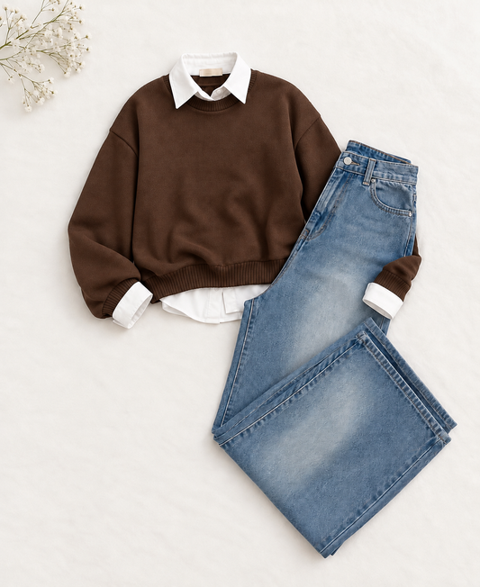 3-Piece Brown Sweatshirt, Button Down Shirt & Sky Vintage wide leg jeans